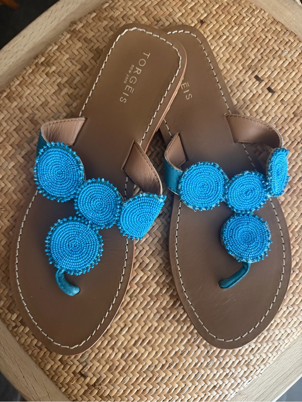 Torgies Turquoise Beaded Leather Toe-Loop Sandals